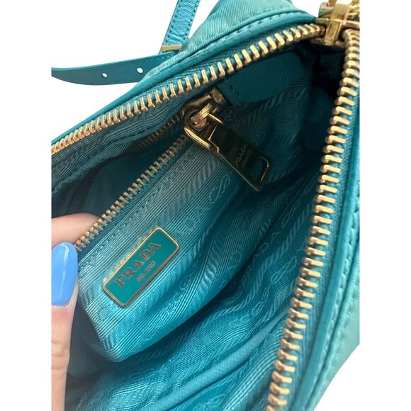 PRADA Testo Tessuto Turquoise Gold Nylon Small Camera Crossbody Bag - Picture 7 of 16